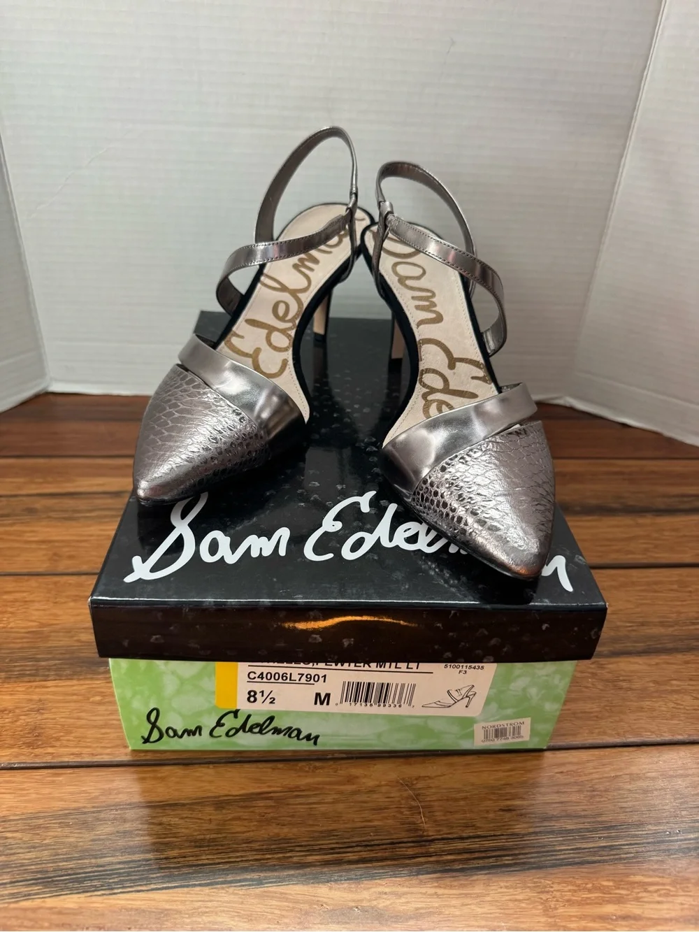 NIB Sam Edelman Othello Pewter Silver Leather Women’s Strappy Heels Size 8.5